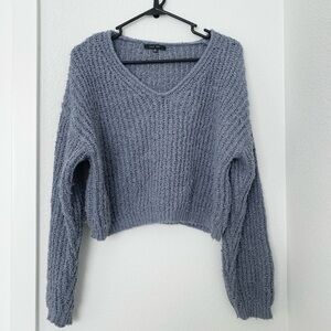 Cozy Soft Blue Gray V-Neck Crop Sweater